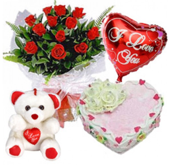 Beautiful 12 Dutch Red Roses Bunch with Teddy Bear, 1 Lb Love Cake and Heart Shaped Balloons